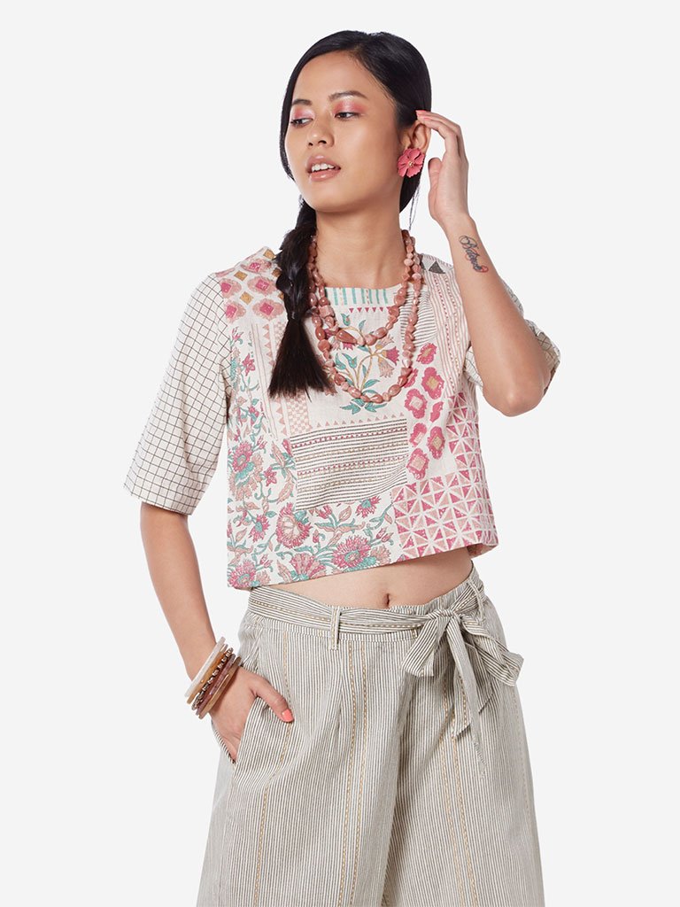 Bombay Paisley Off White Printed Crop-Top