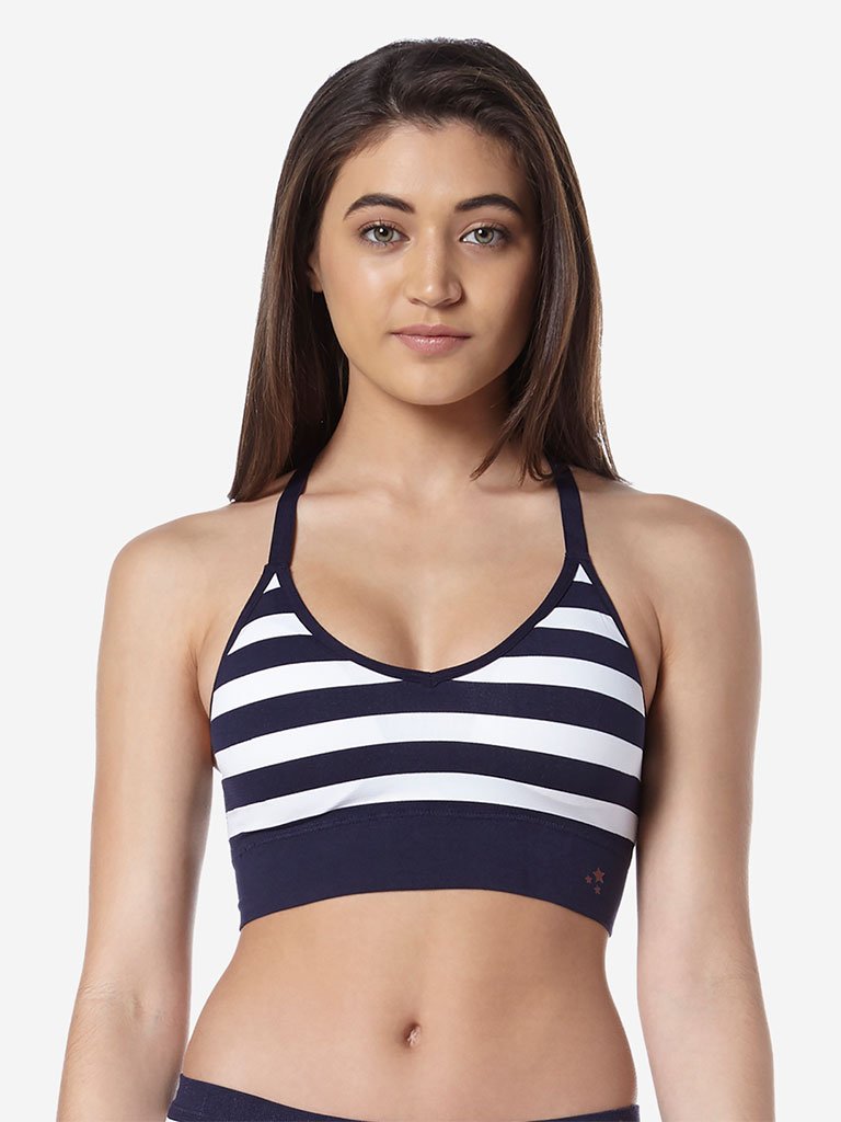 Wunderlove Navy Striped Padded Sports Bra