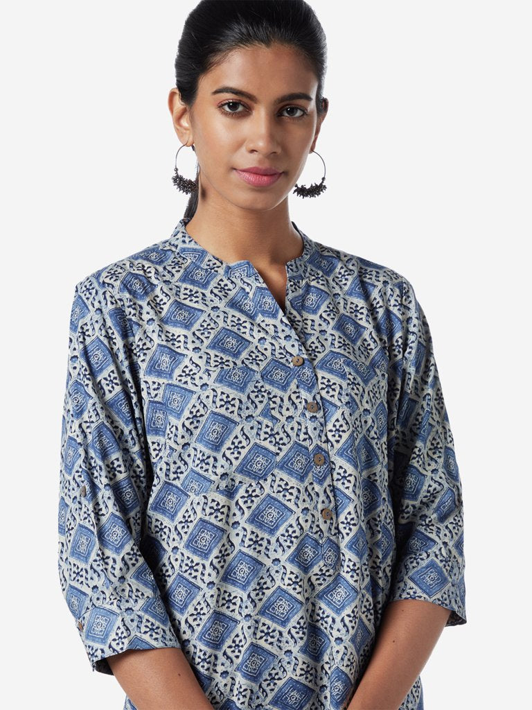 Utsa Blue Geometrical Printed A-line Kurti