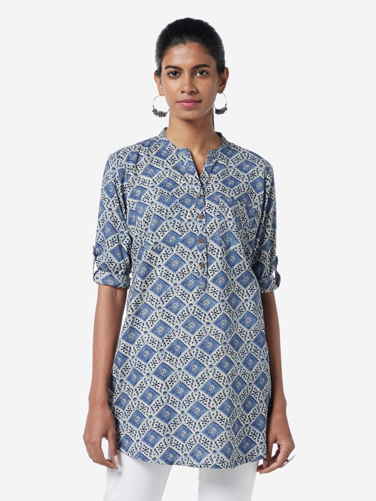 Utsa Blue Geometrical Printed A-line Kurti