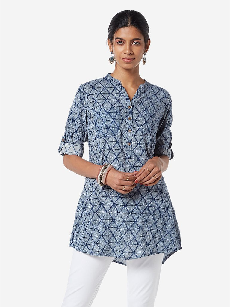 Utsa Indigo Triangle Printed A-line Kurti