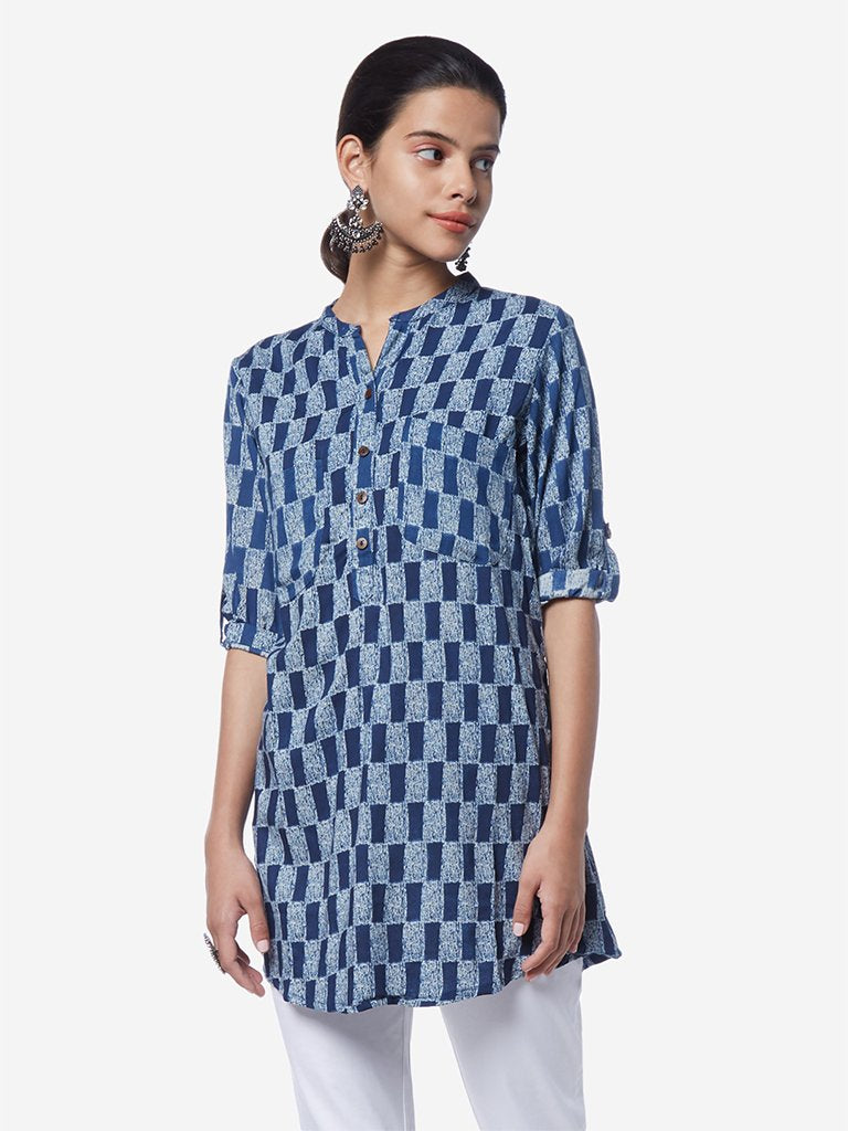 Utsa Indigo Geometrical Print A-line Kurti