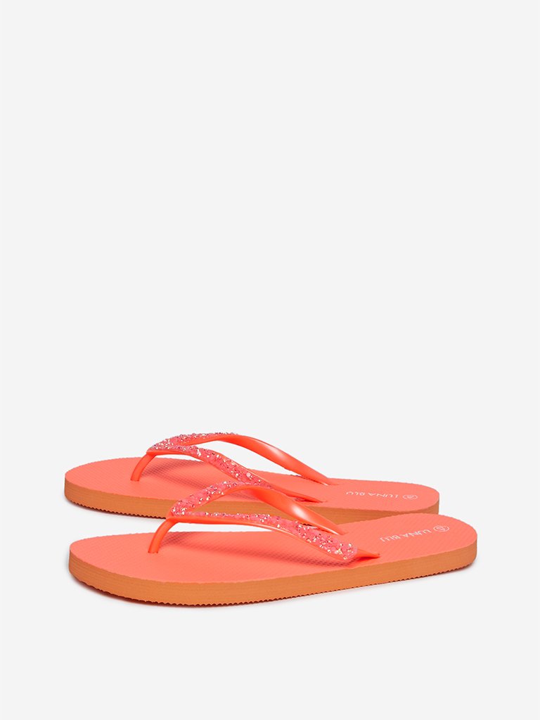 LUNA BLU Neon Orange Sequinned Flip-Flops