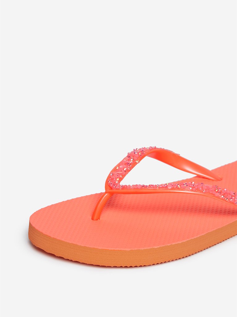 LUNA BLU Neon Orange Sequinned Flip-Flops