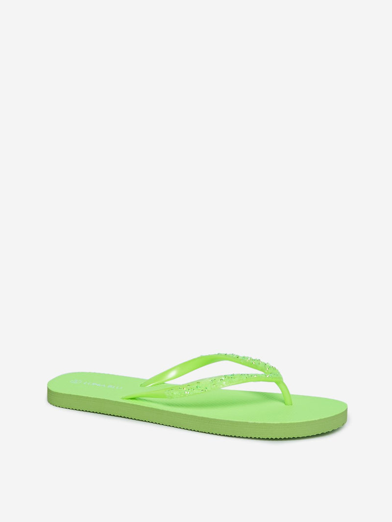 LUNA BLU Neon Green Sequinned Flip-Flops
