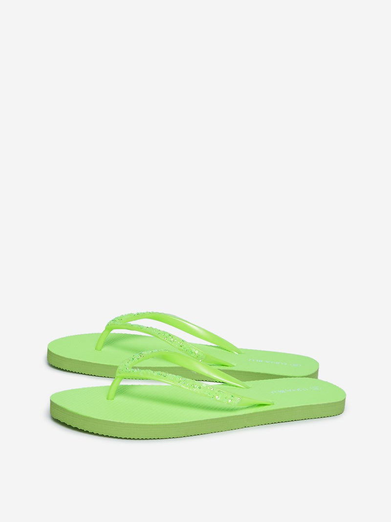 LUNA BLU Neon Green Sequinned Flip-Flops