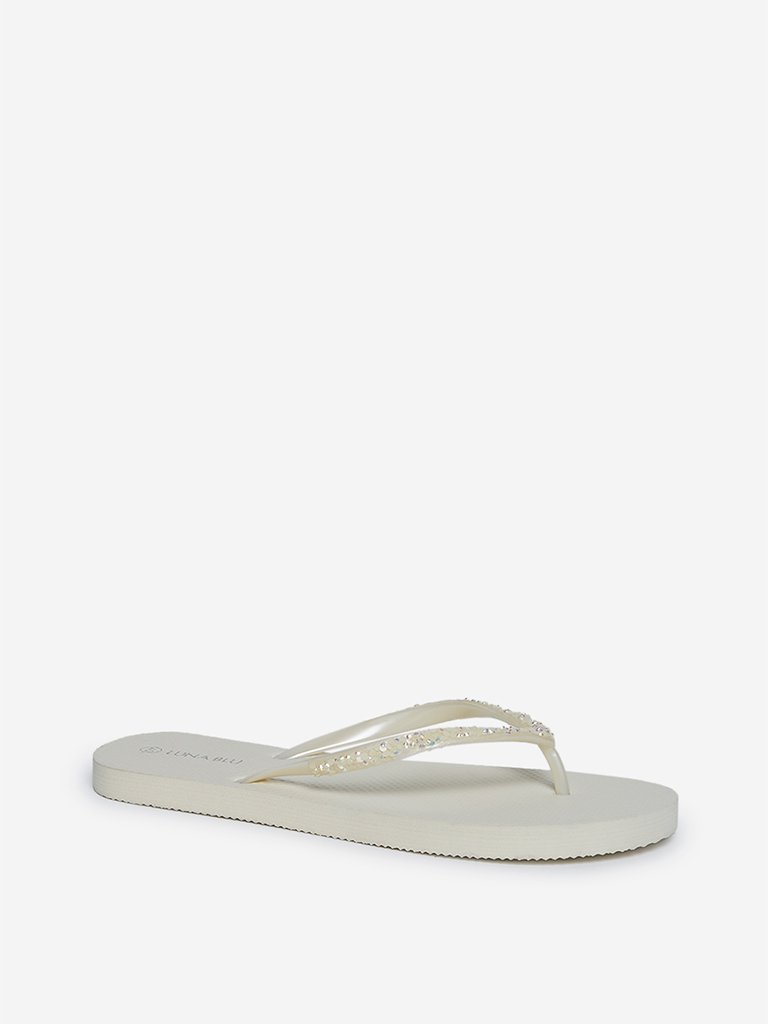 LUNA BLU Off White Sequinned Flip-Flops