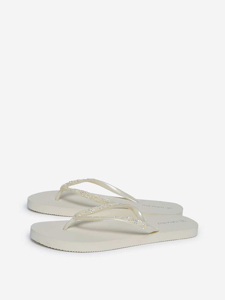 LUNA BLU Off White Sequinned Flip-Flops