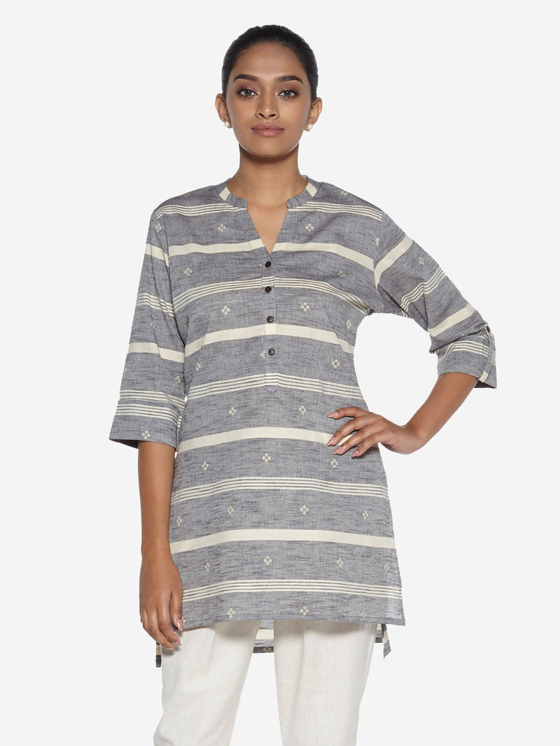 Utsa Grey Striped High-Low Kurti