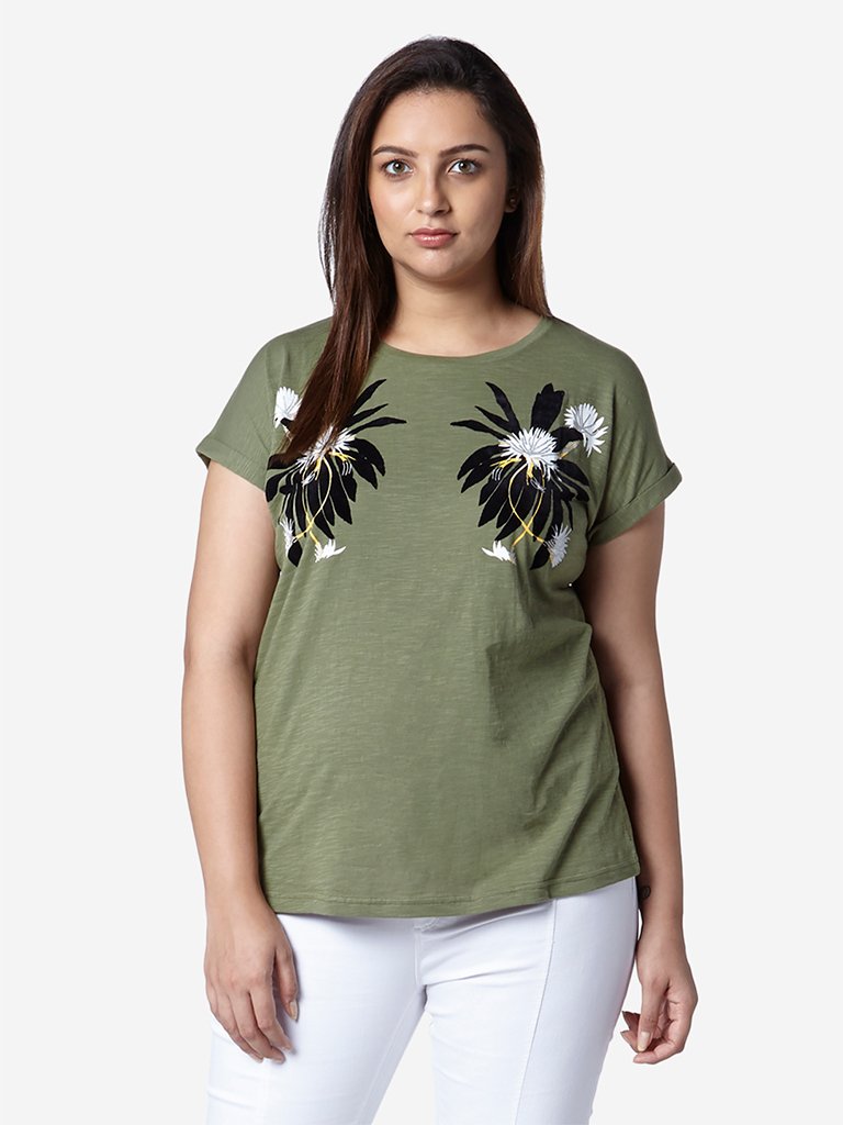 Gia Curve Olive Floral Patterned Bella T-Shirt