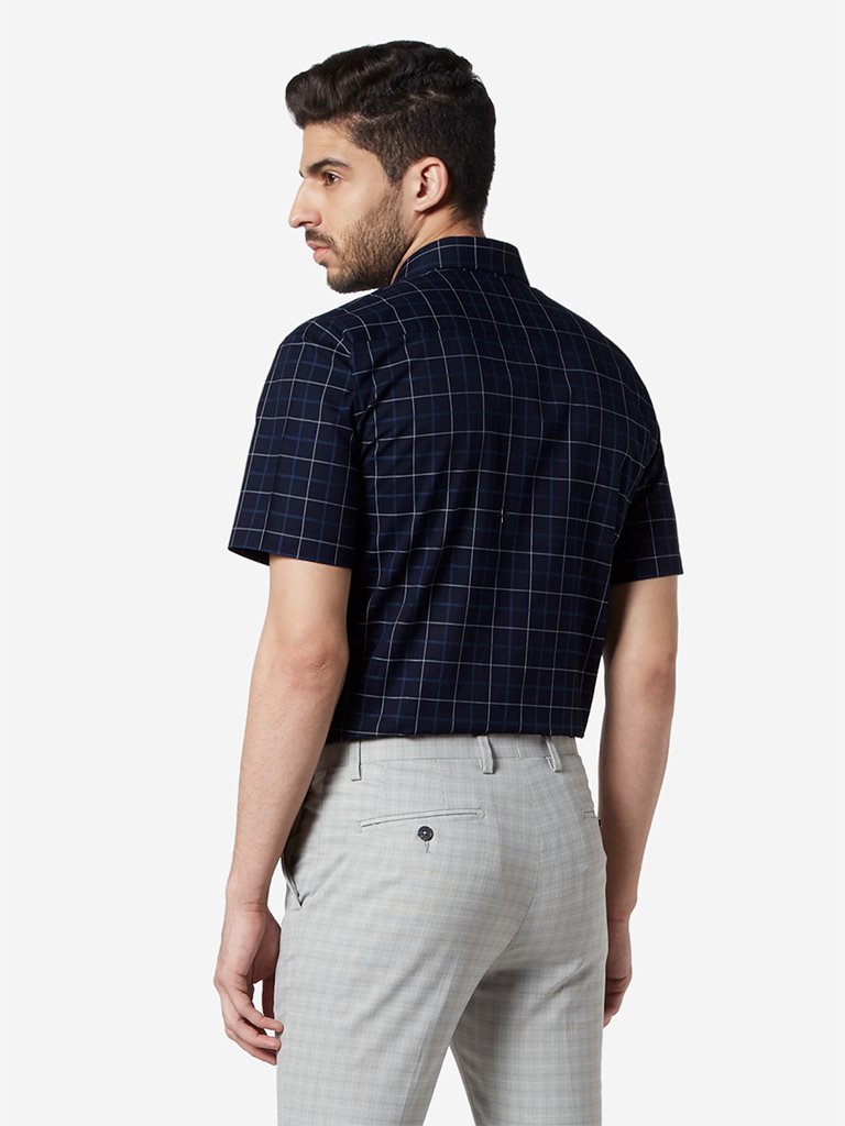 WES Formals Navy Checked Relaxed Fit Shirt