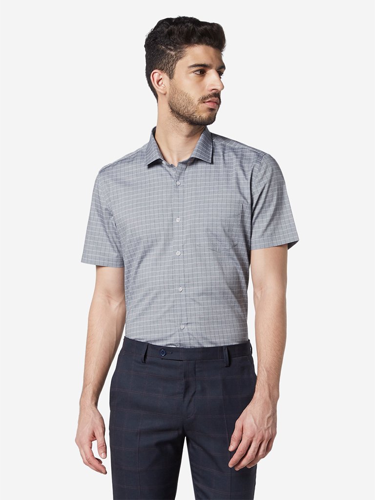 WES Formals Grey Checkered Slim Fit Shirt