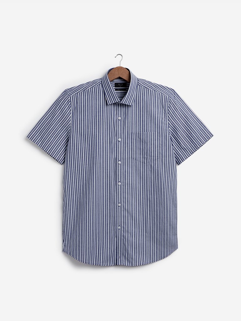WES Formals Navy Striped Slim Fit Shirt