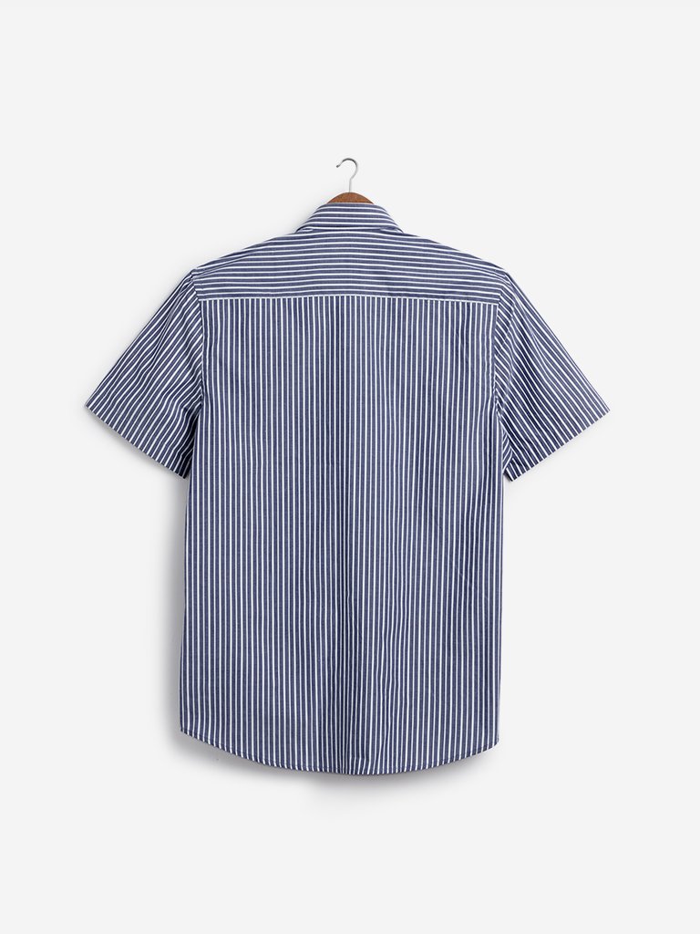 WES Formals Navy Striped Slim Fit Shirt