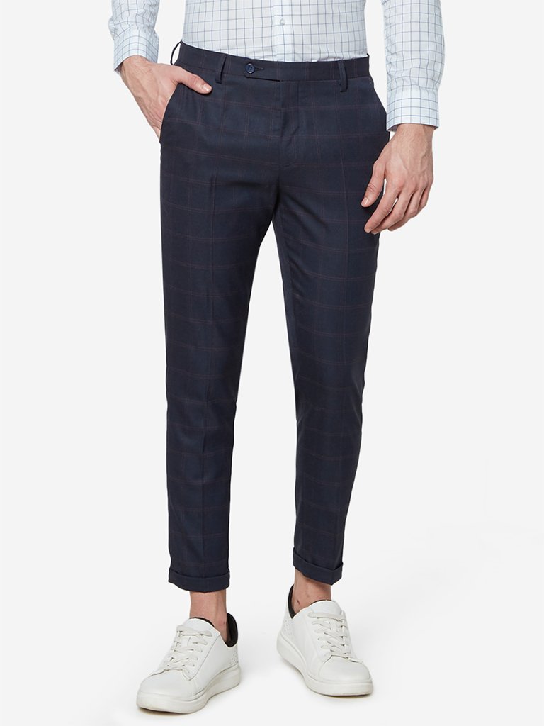 WES Formals Navy Checkered Carrot-Fit Trousers