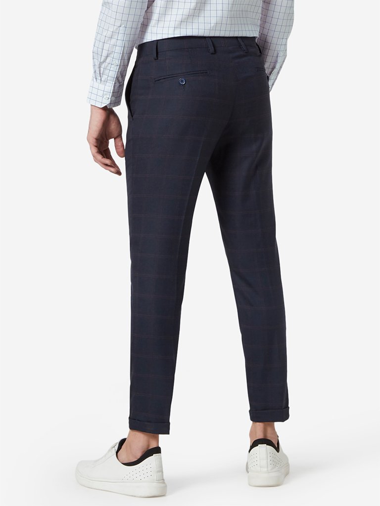 WES Formals Navy Checkered Carrot-Fit Trousers