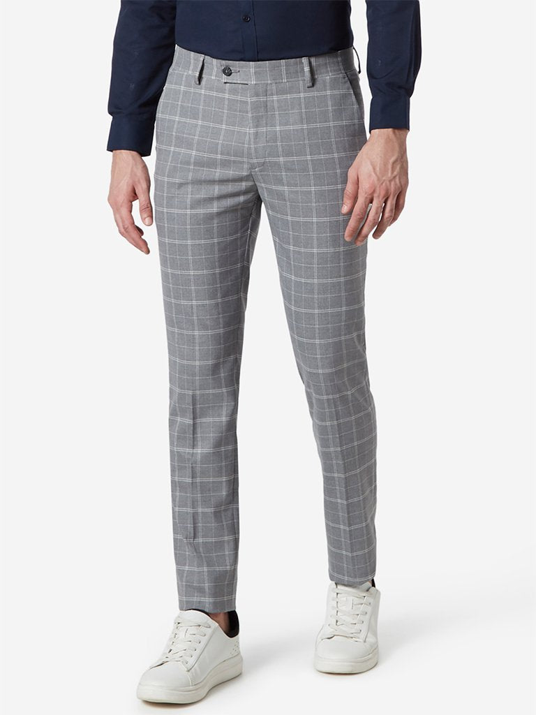 WES Formals Grey Checked Ultra Slim Fit Trousers