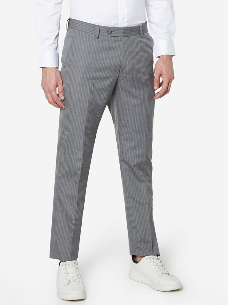 WES Formals Grey Pinstriped Relaxed Fit Trousers