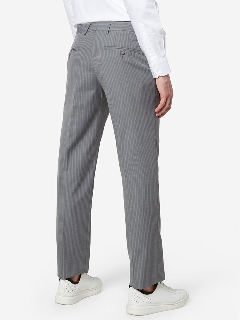 WES Formals Grey Pinstriped Relaxed Fit Trousers