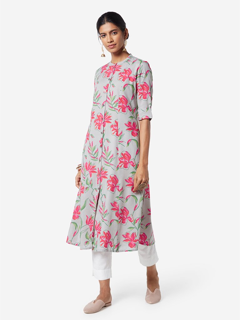 Utsa Grey Floral Printed A-line Kurta