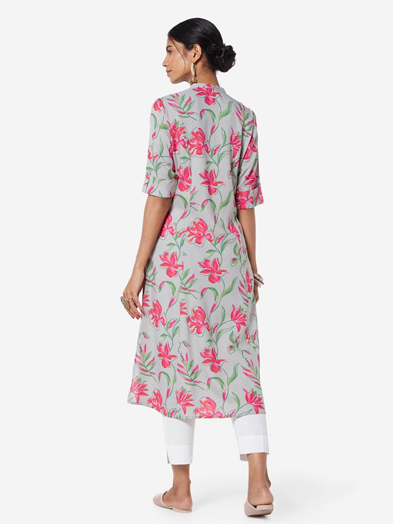 Utsa Grey Floral Printed A-line Kurta