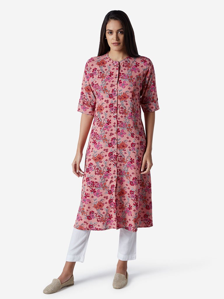 Utsa Coral Floral Print A-line Kurta