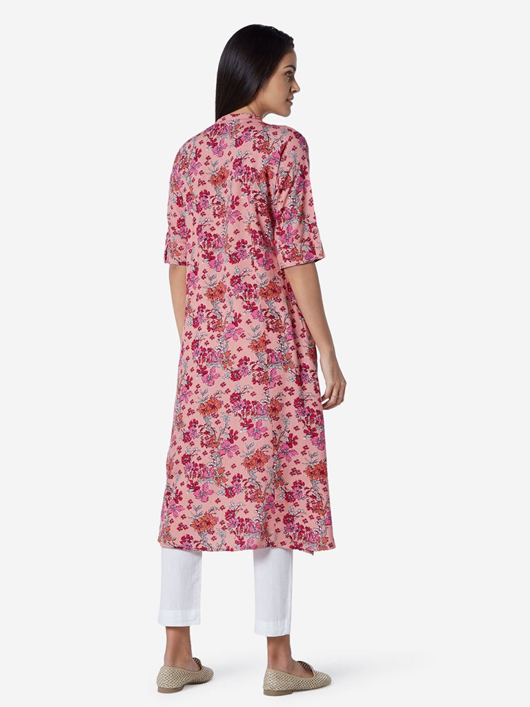 Utsa Coral Floral Print A-line Kurta
