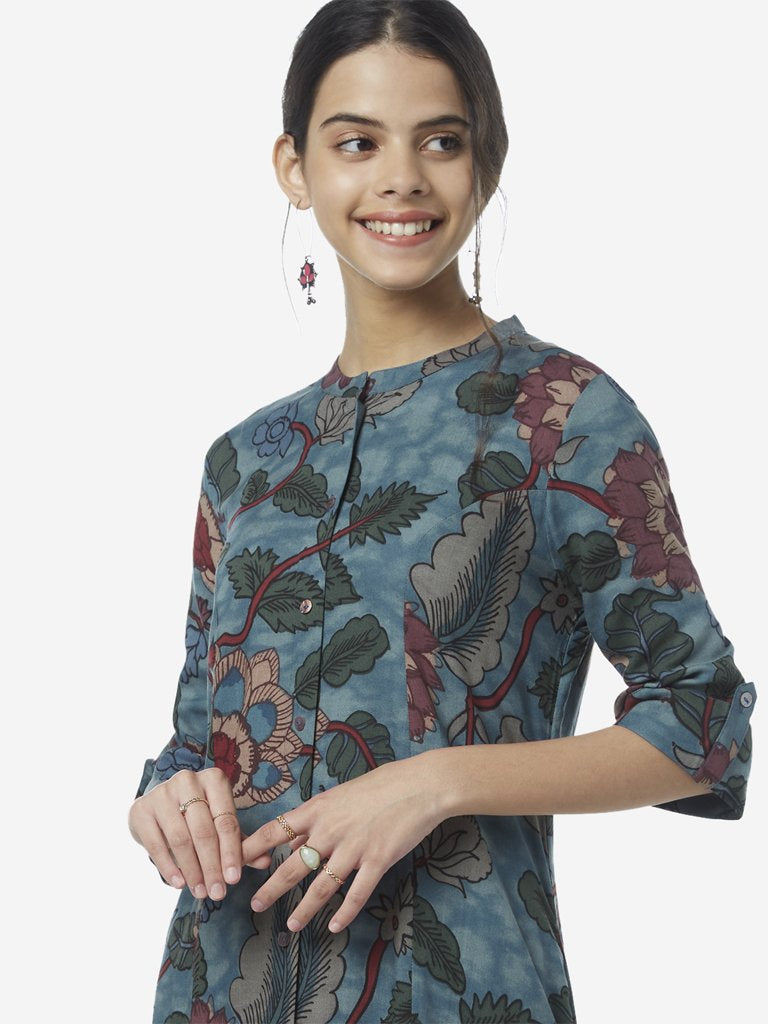 Utsa Dark Blue Floral Patterned A-line Kurta