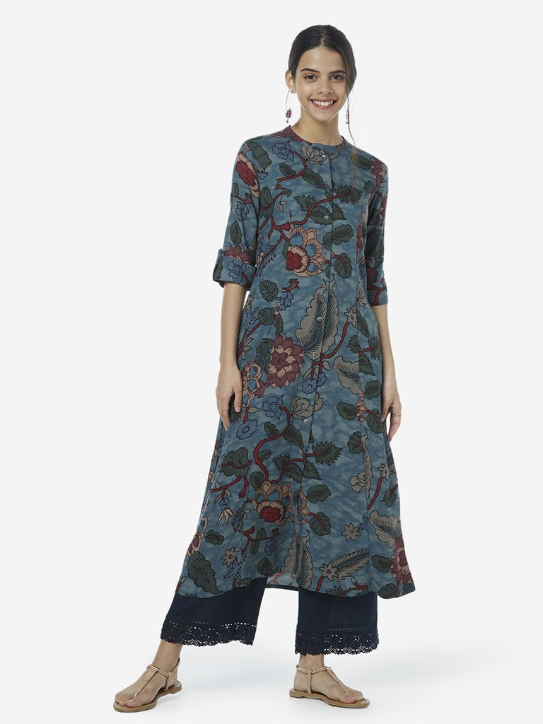 Utsa Dark Blue Floral Patterned A-line Kurta
