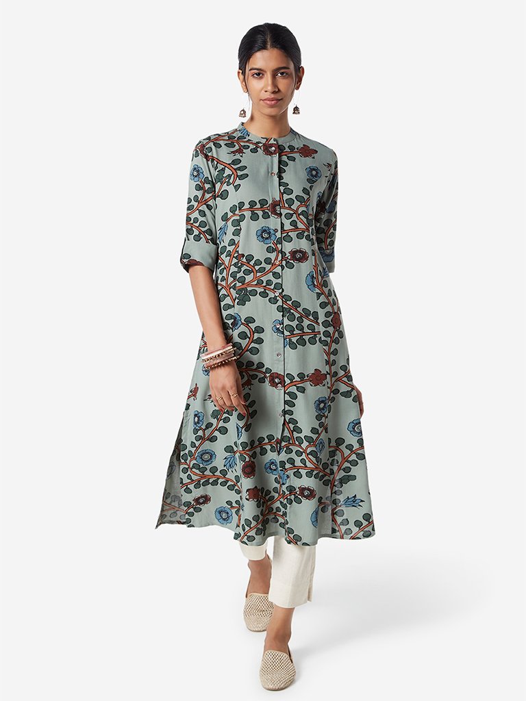 Utsa Sage Green Floral Print A-line Kurta