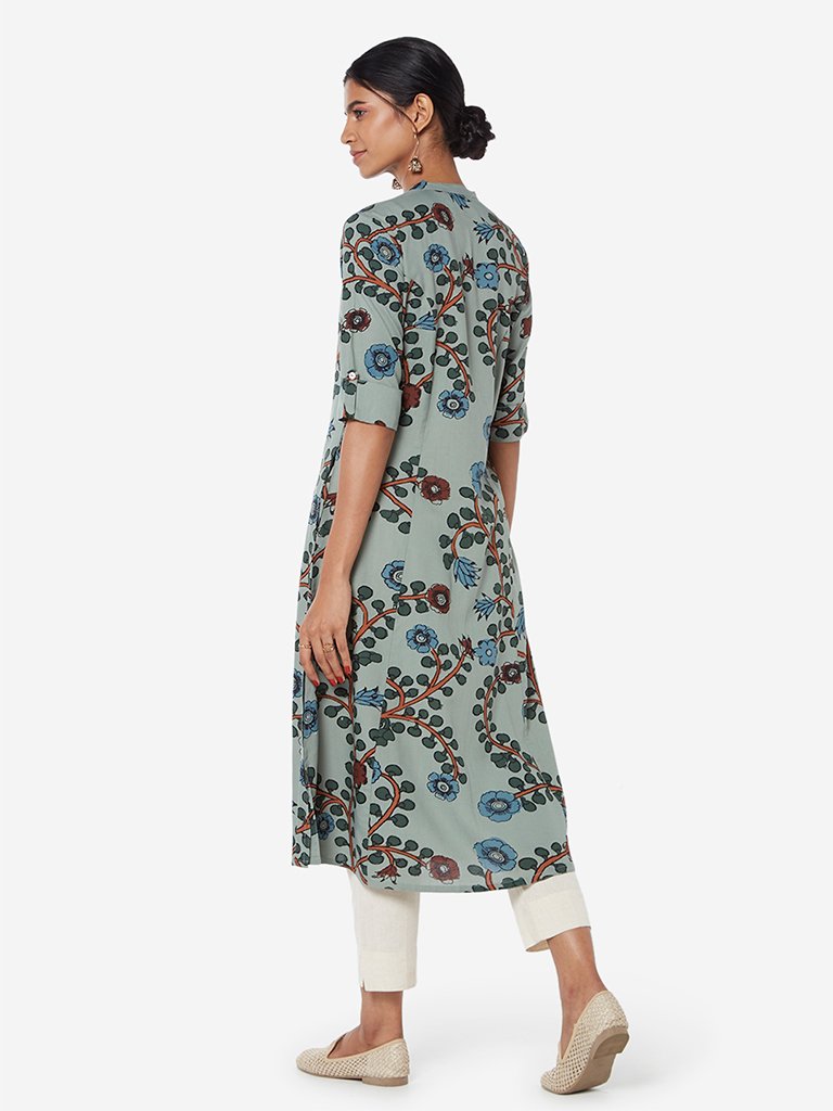 Utsa Sage Green Floral Print A-line Kurta