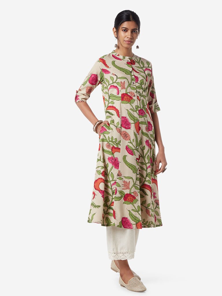 Utsa Beige Flower Print A-line Kurta