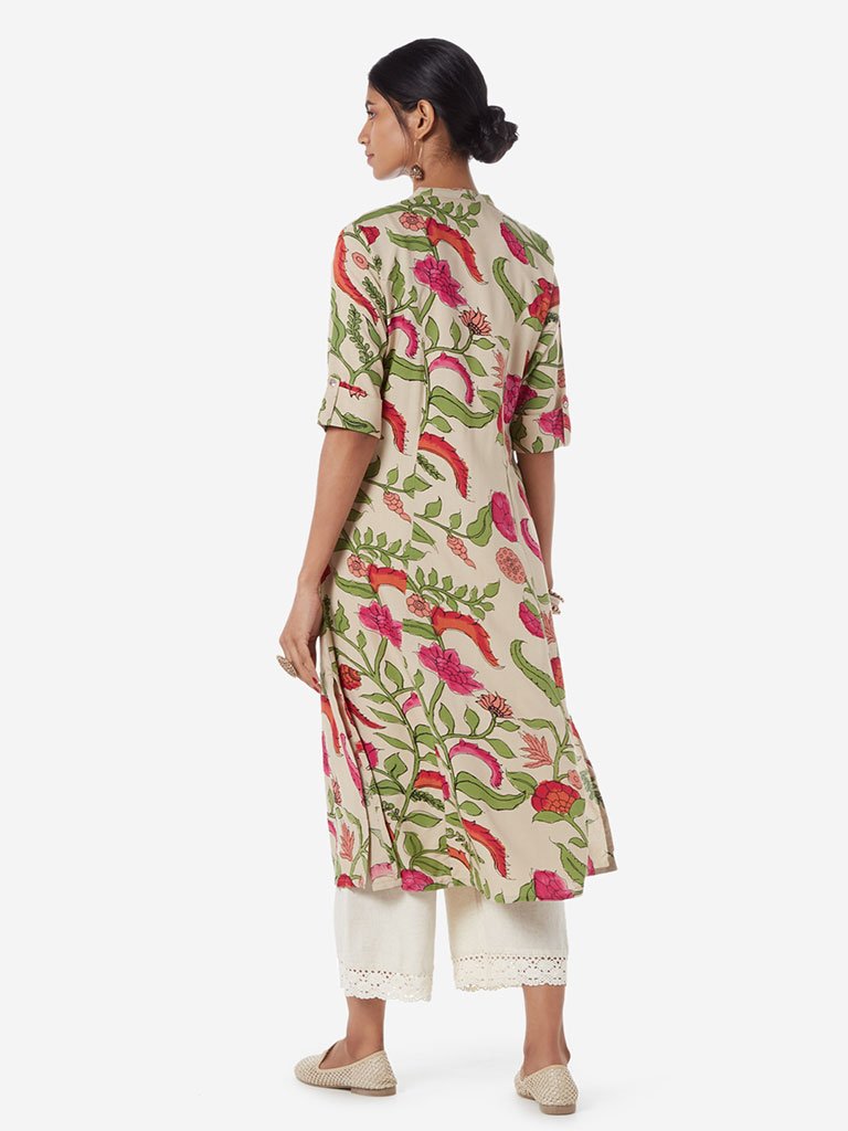 Utsa Beige Flower Print A-line Kurta