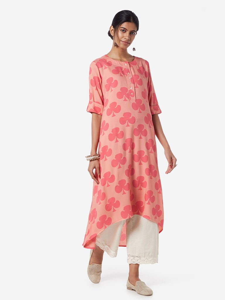 Utsa Peach Club Patterned High-Low Kurta