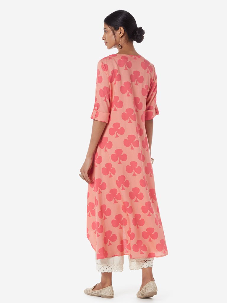 Utsa Peach Club Patterned High-Low Kurta