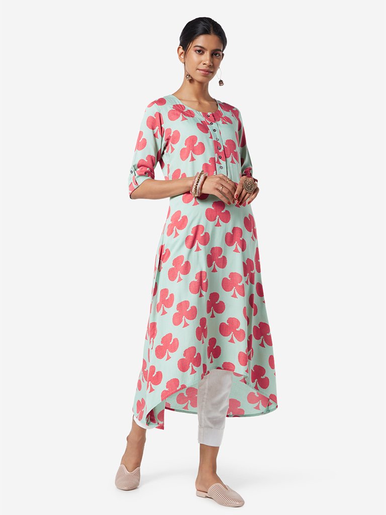 Utsa Mint Green Club Patterned High-Low Kurta