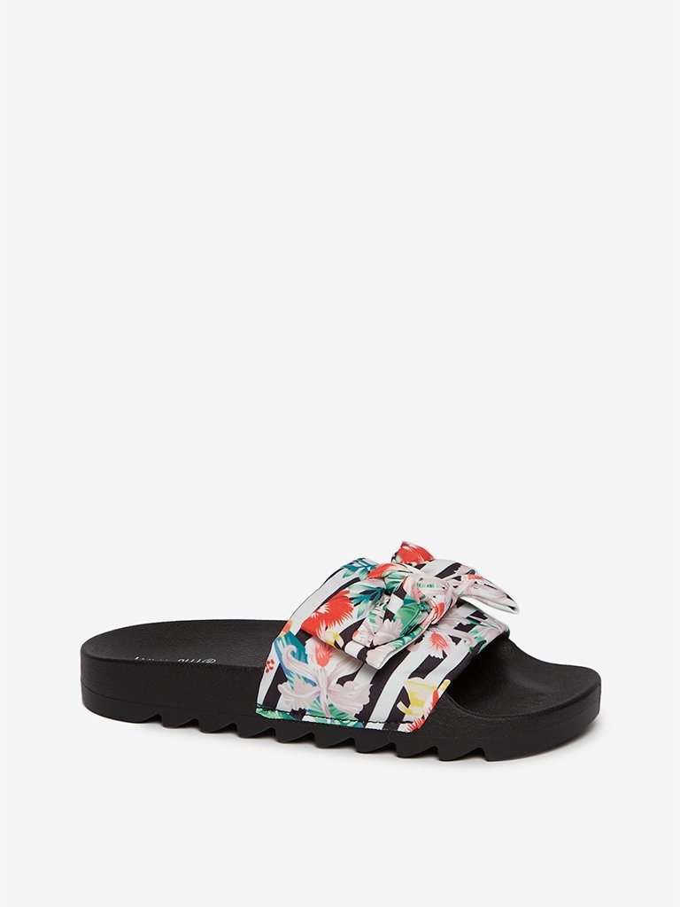 LUNA BLU Black Floral Bow Pattern Slides