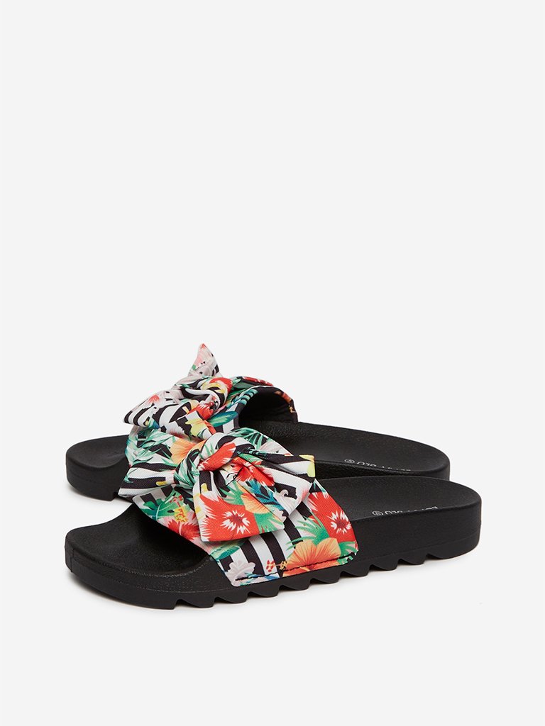 LUNA BLU Black Floral Bow Pattern Slides