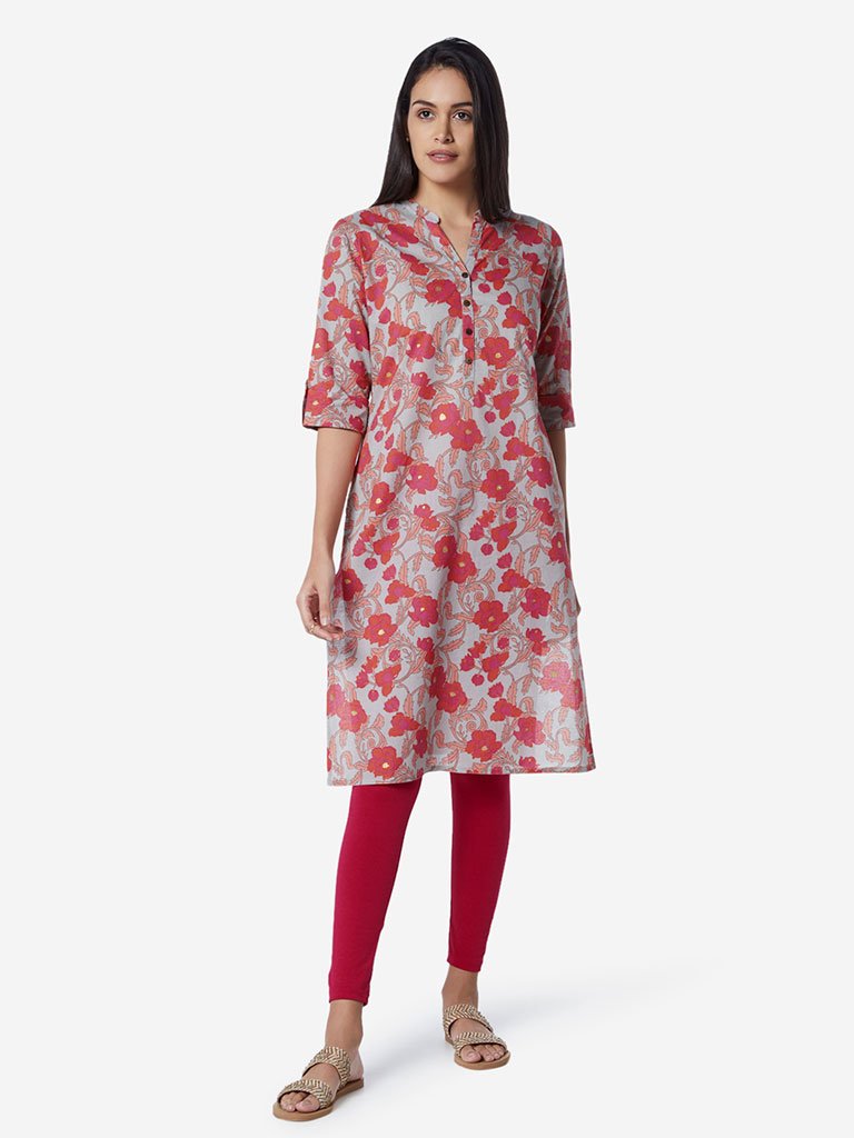 Utsa Grey Flower Printed Straight Kurta