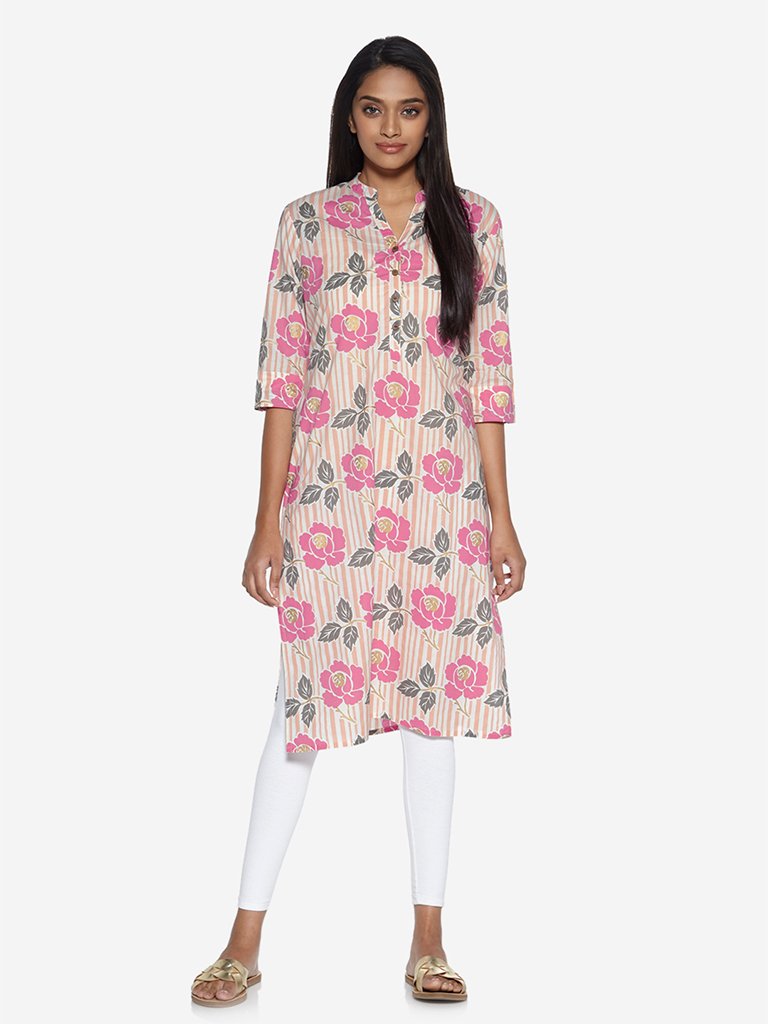 Utsa Pink Printed Cotton Straight Kurta