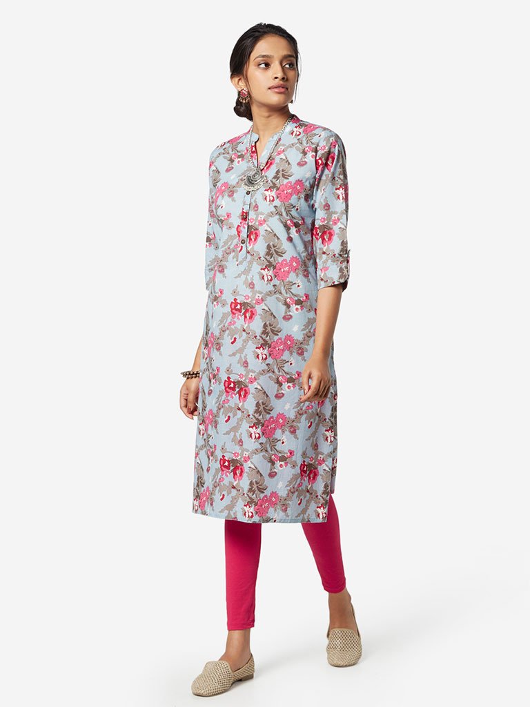 Utsa Light Blue Floral Print Straight Kurta