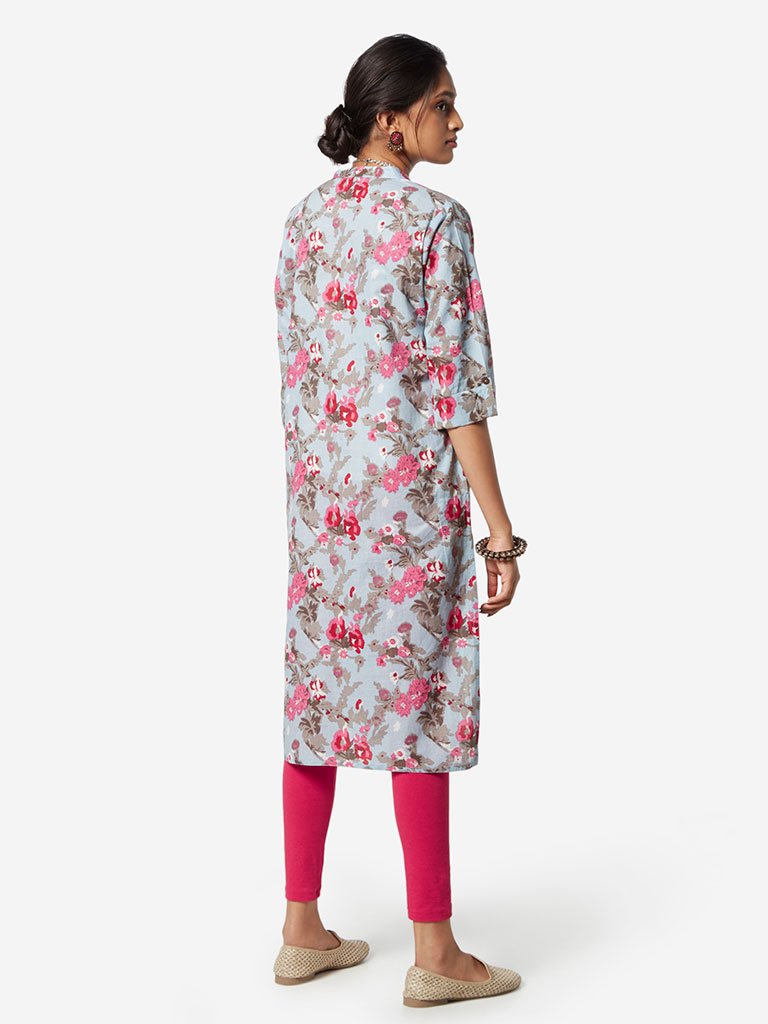 Utsa Light Blue Floral Print Straight Kurta