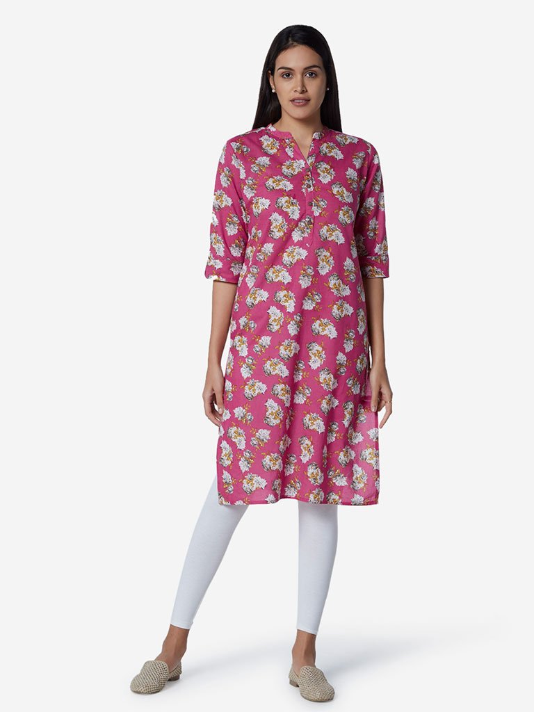 Utsa Pink Floral Patterned Straight Kurta