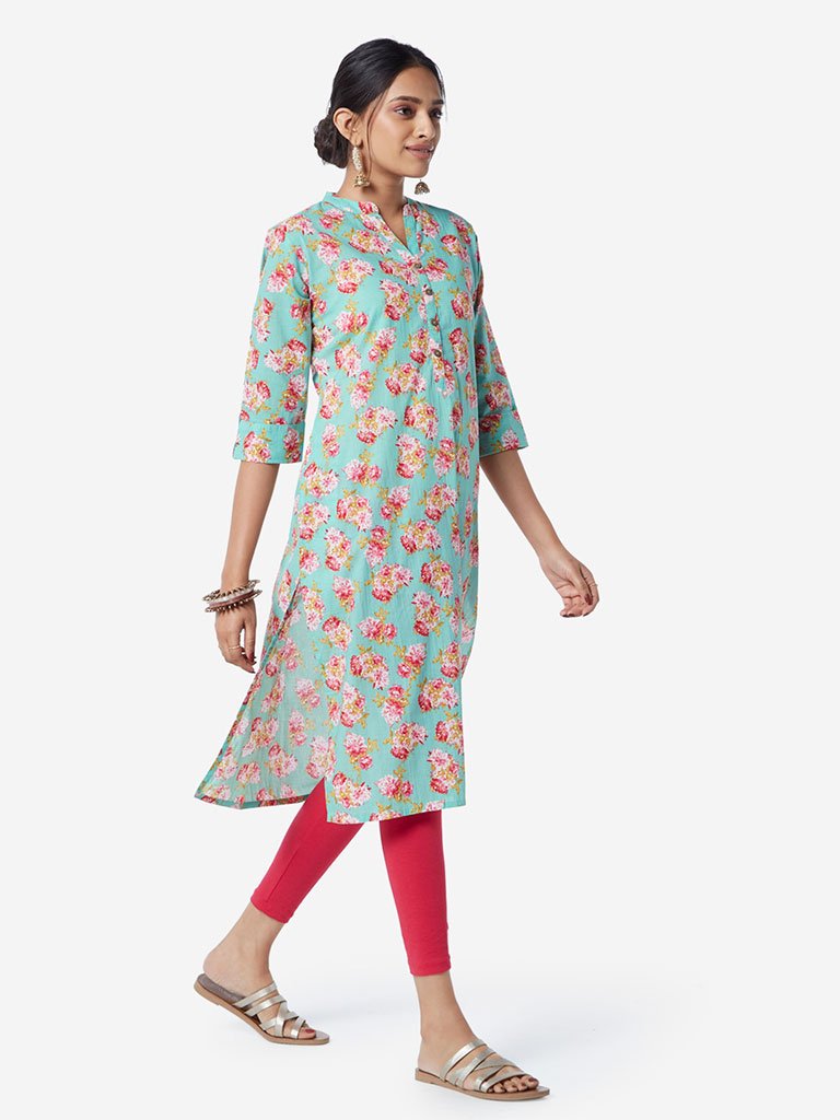 Utsa Turquoise Floral Print Straight Kurta