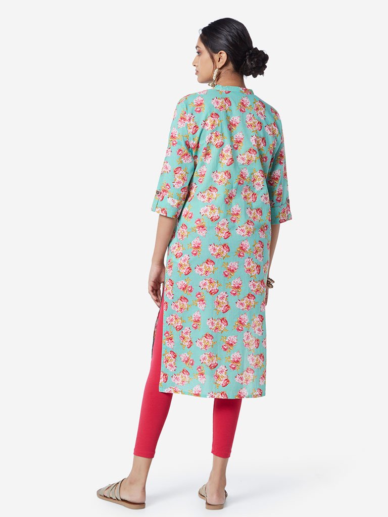 Utsa Turquoise Floral Print Straight Kurta