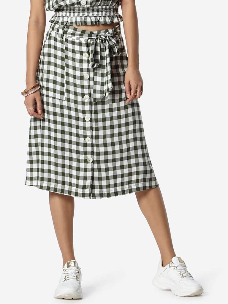 Nuon Khaki Checkered Elliot Skirt With Belt