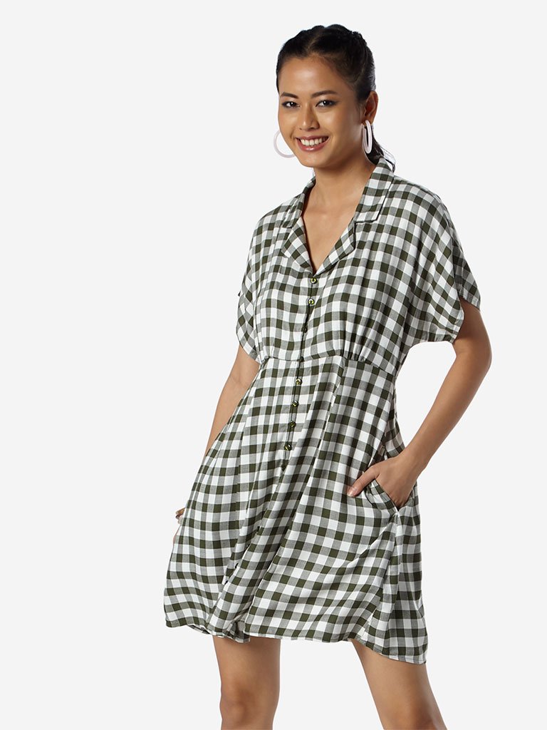 Nuon Khaki Checkered Irene Shirtdress