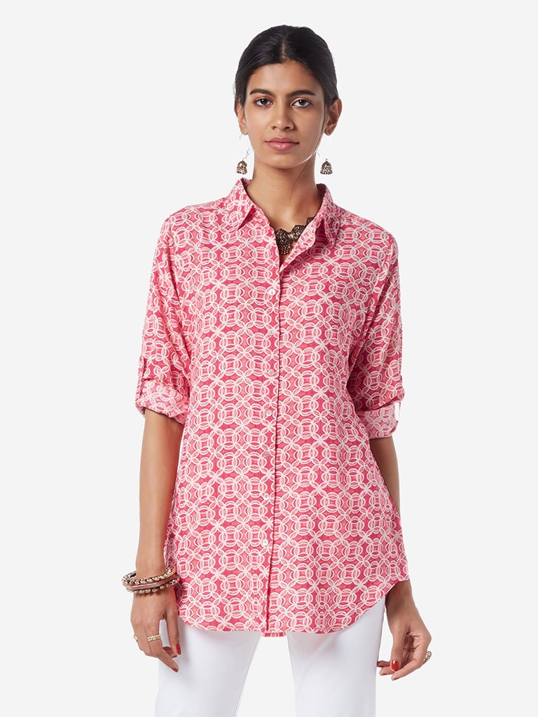Utsa Pink Geometrical Print A-line Ethnic Top
