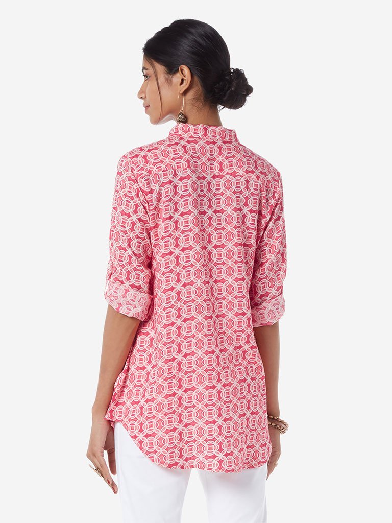 Utsa Pink Geometrical Print A-line Ethnic Top