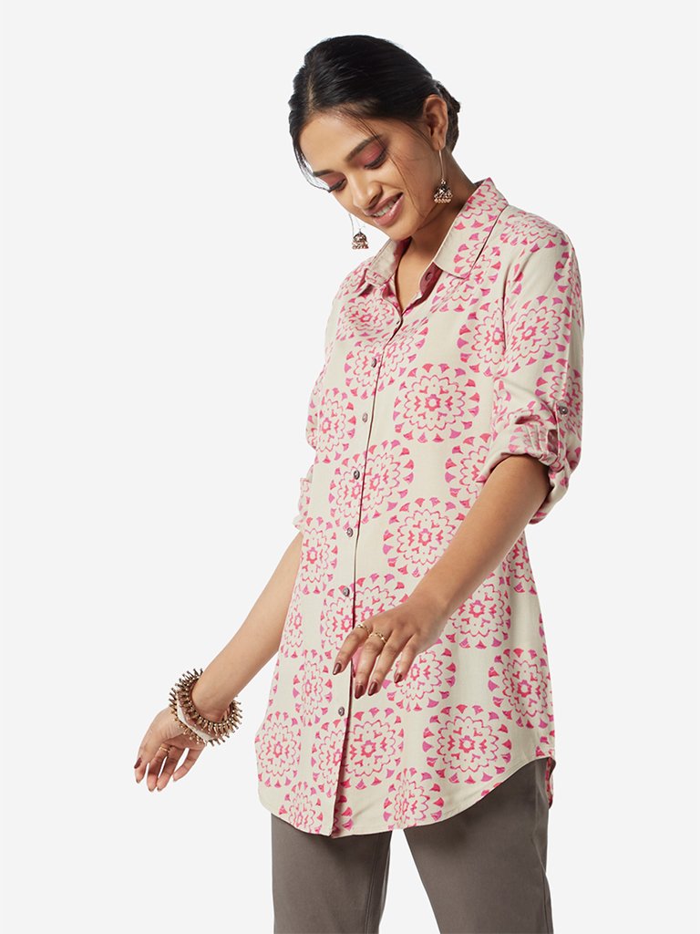 Utsa Beige Floral Print Ethnic Top